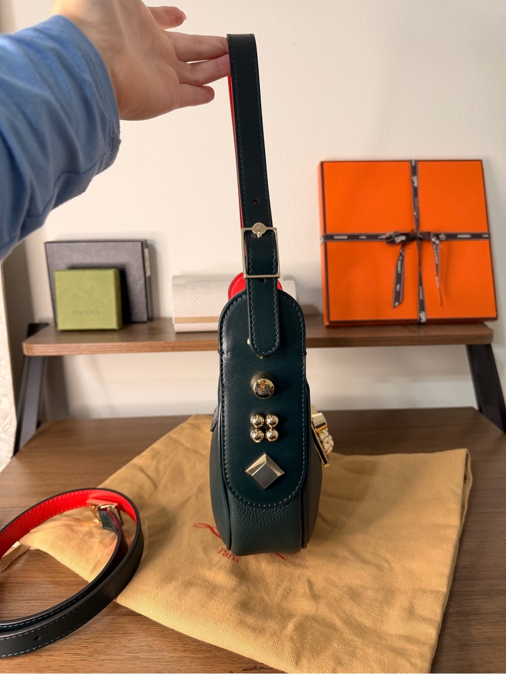 AUTHENTIC - Louboutin Small Leather Carasky in Dark Forest Green/Red - Picture 4 of 16